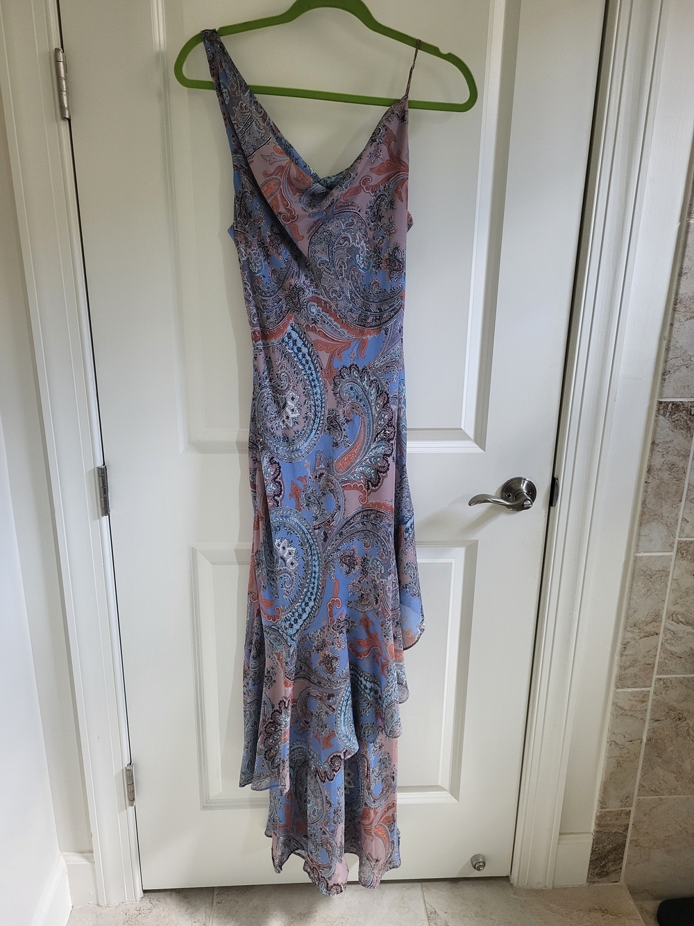 L'AGENCE One-Shoulder Paisley Slip Dress in Blue and Pink